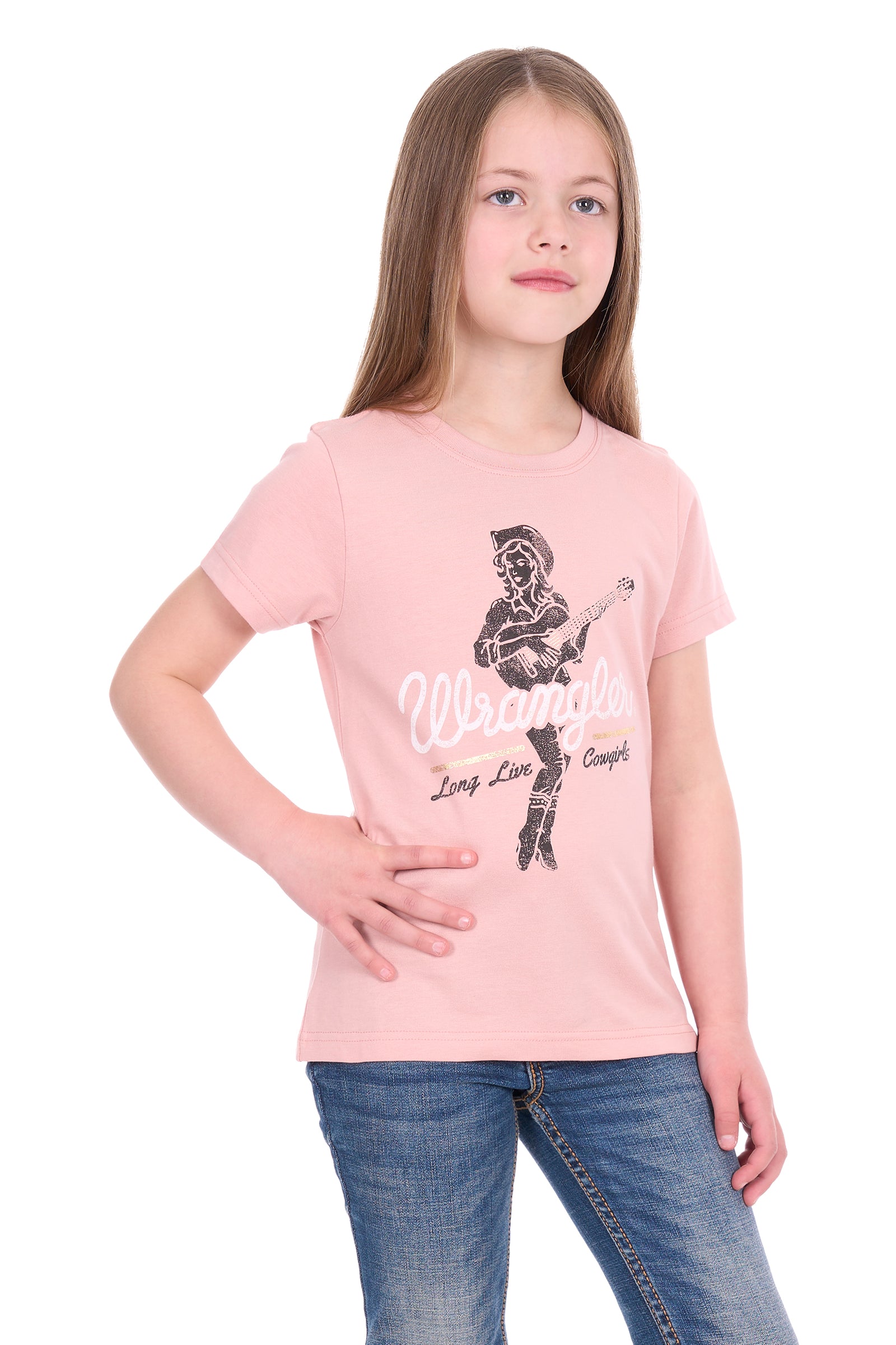 Young girl wearing a pink t-shirt with a graphic design on a white background