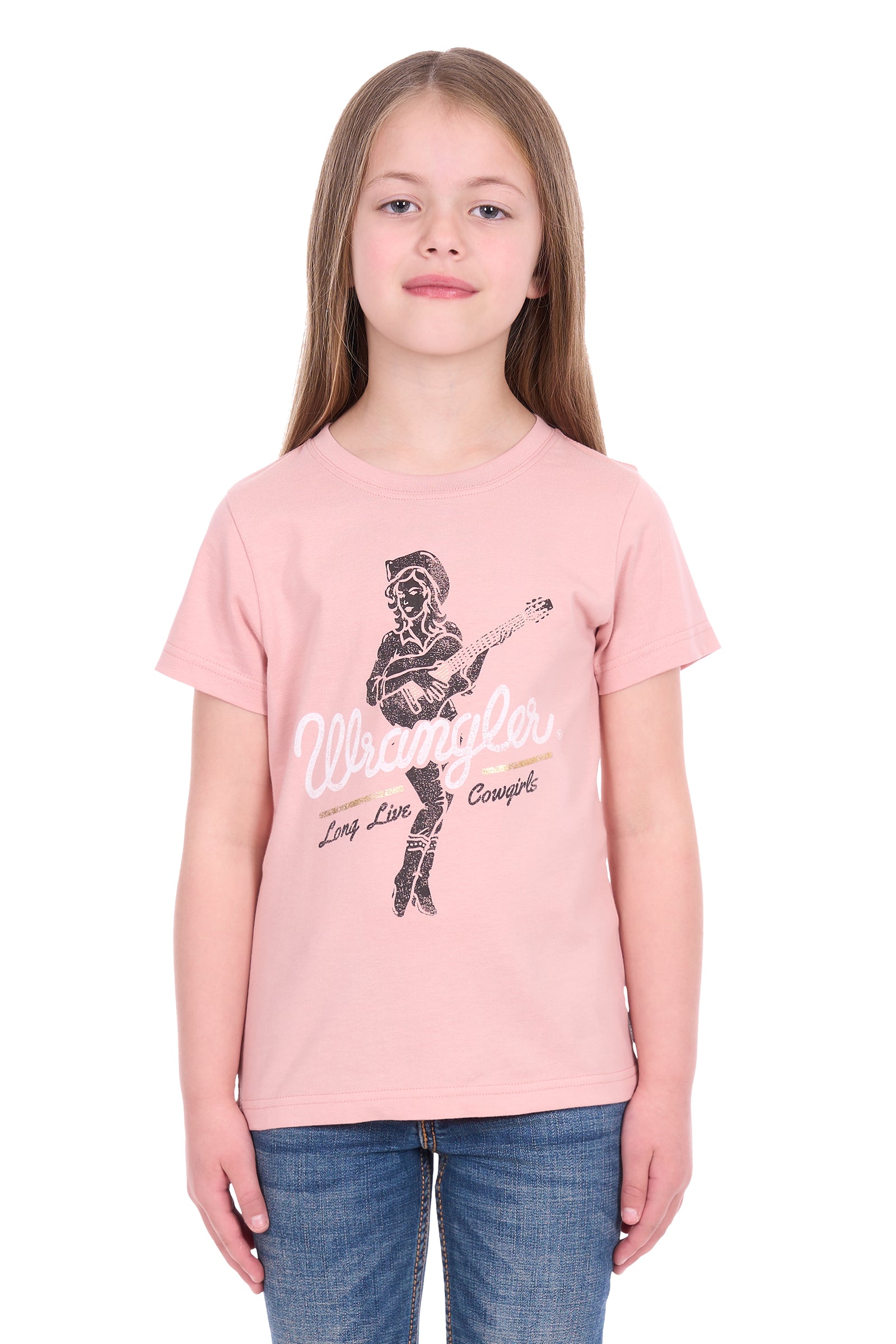 Young girl wearing a pink t-shirt with a graphic design on a white background