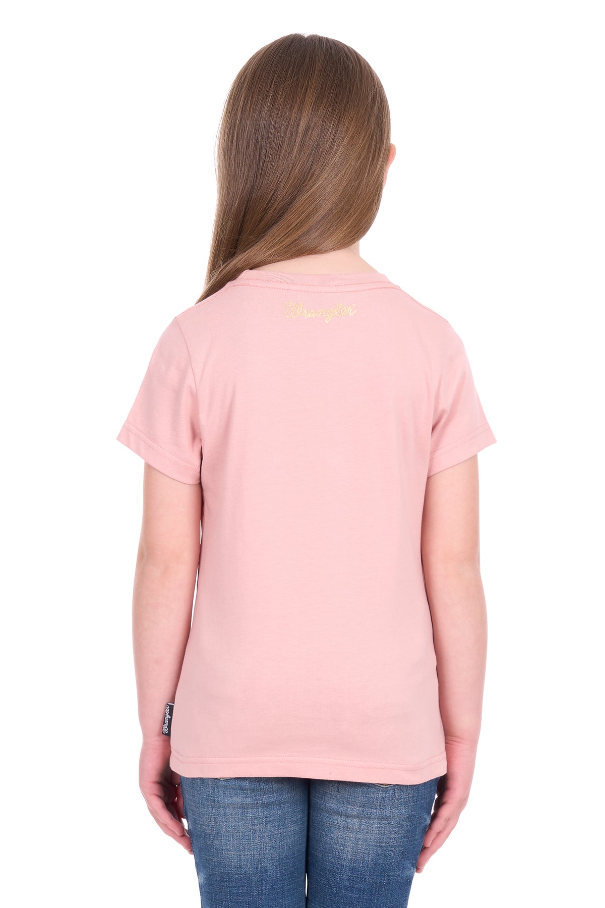 Person wearing a pink t-shirt with text on the back, standing against a white background