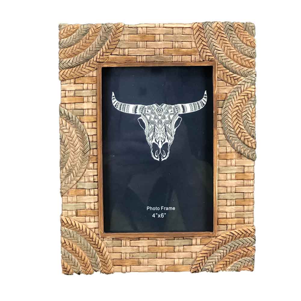 Woven photo frame with bull skull design on a white background