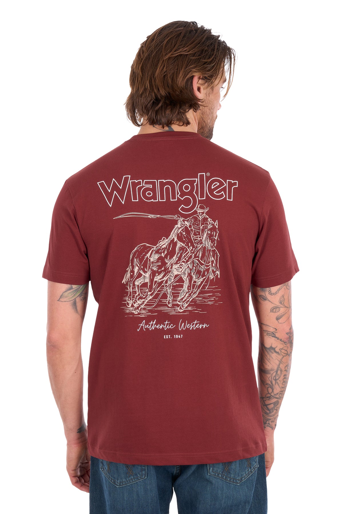 A man viewed from the back wearing a maroon Wrangler t-shirt with a white graphic print of a cowboy on horseback and the text 'Wrangler' and 'Authentic Western'.