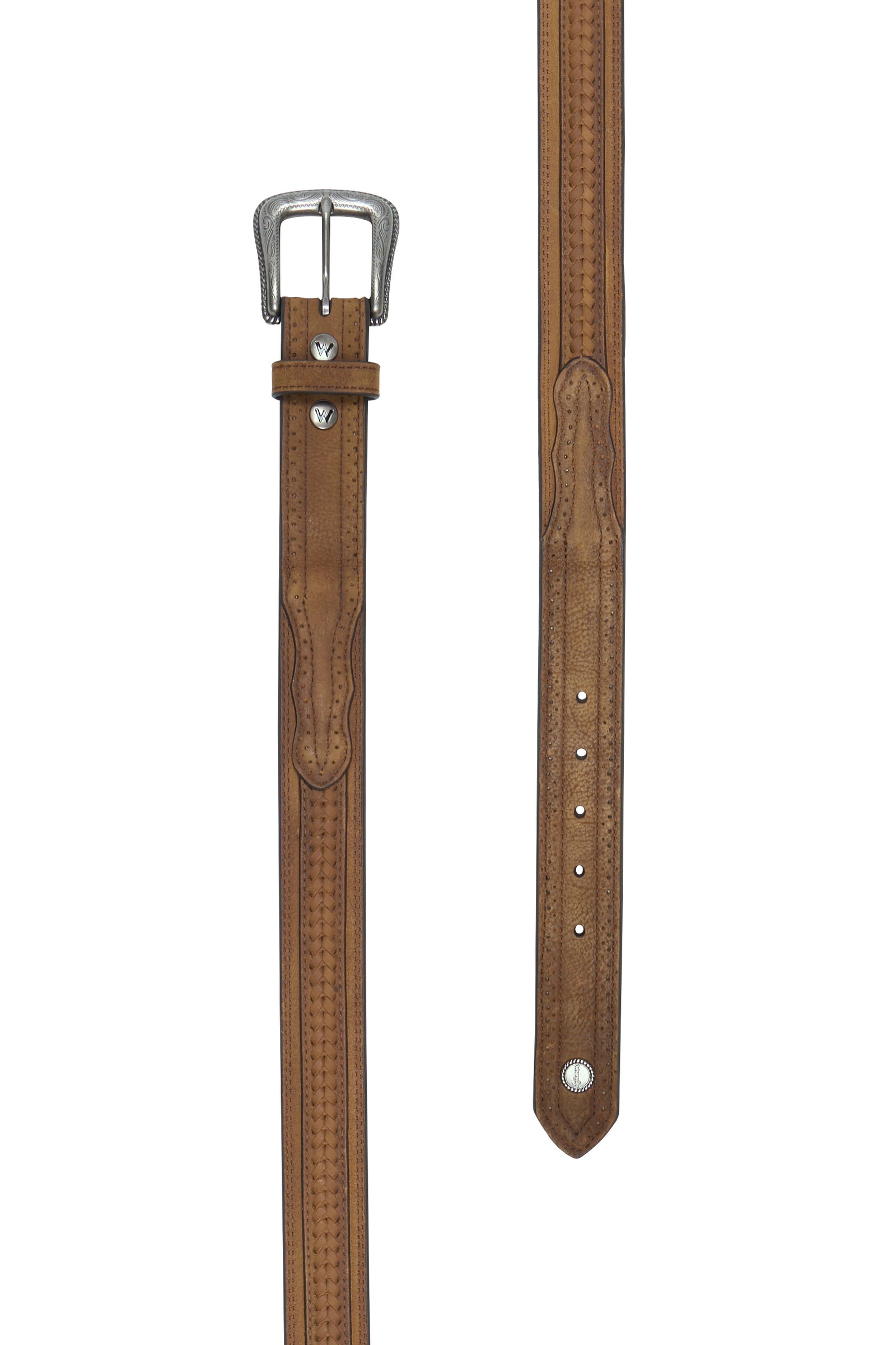 Brown leather belt with silver buckle on a white background