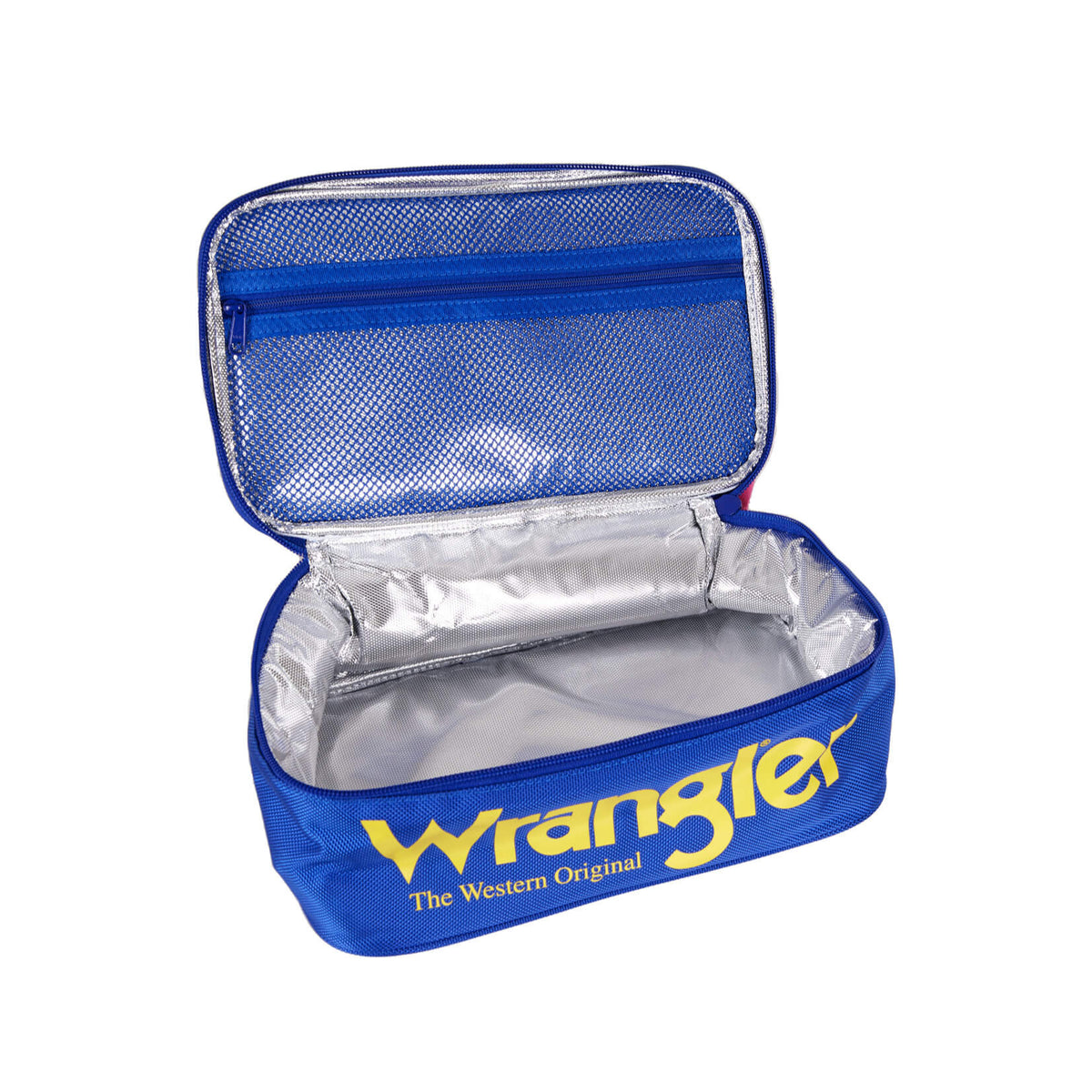 Inside of Wrangler western, yellow and blue lunch bag with the Wrangler logo printed in blue.