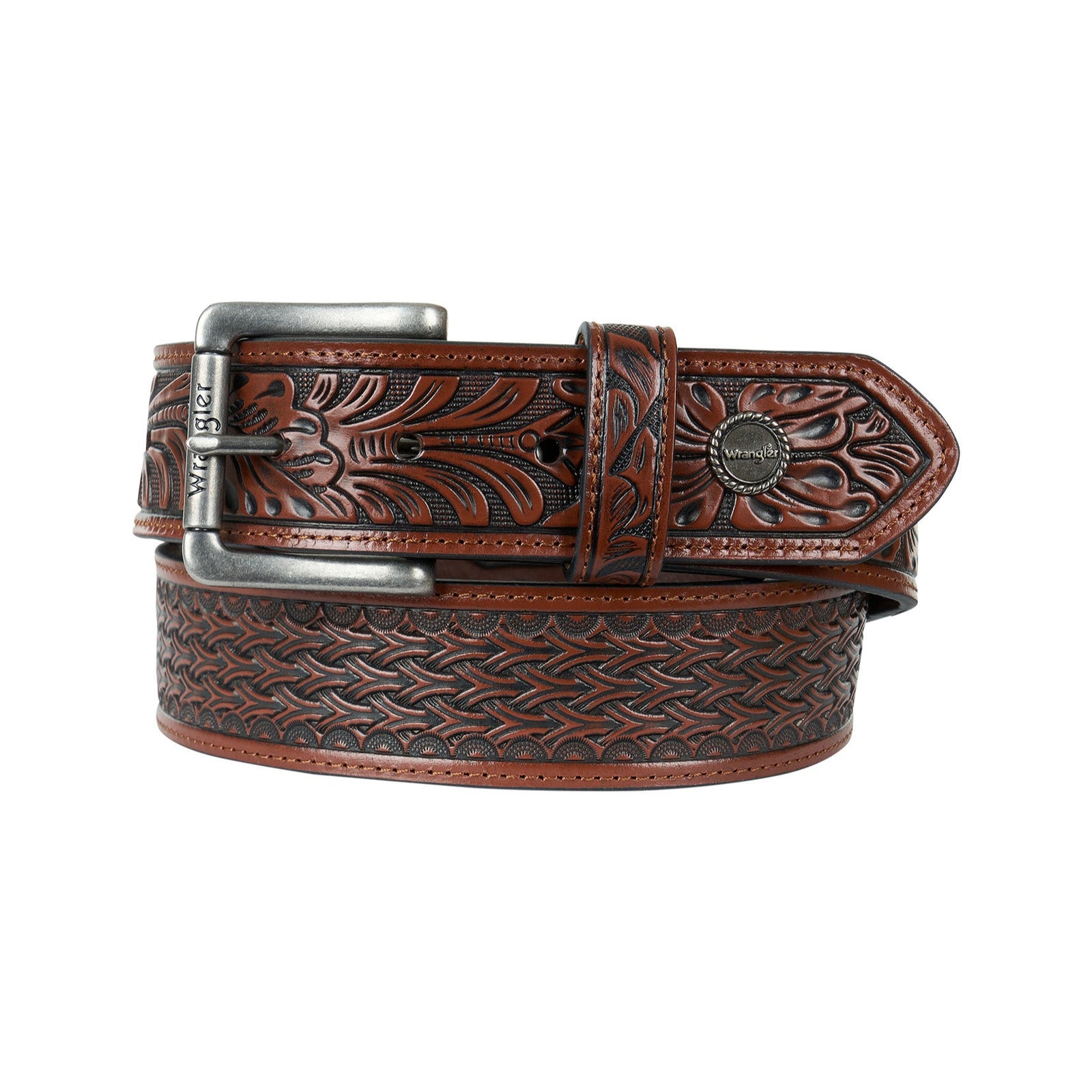 A brown, tooled leather Wrangler western belt with a metal buckle and silver hardware, featuring a classic western design.