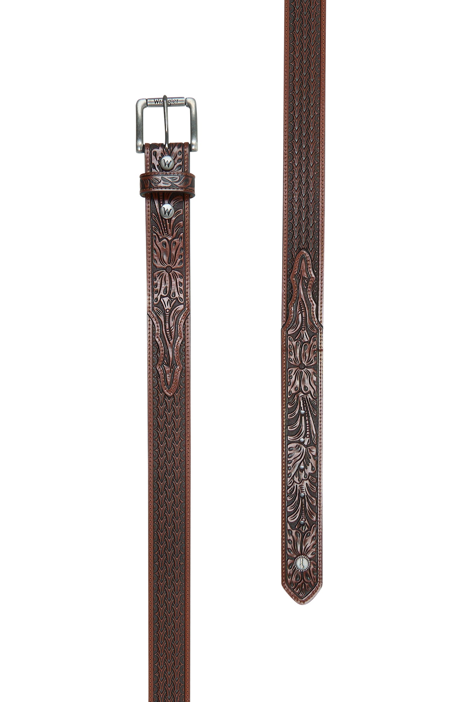 A brown, tooled leather Wrangler western belt with a metal buckle and silver hardware, featuring a classic western design.