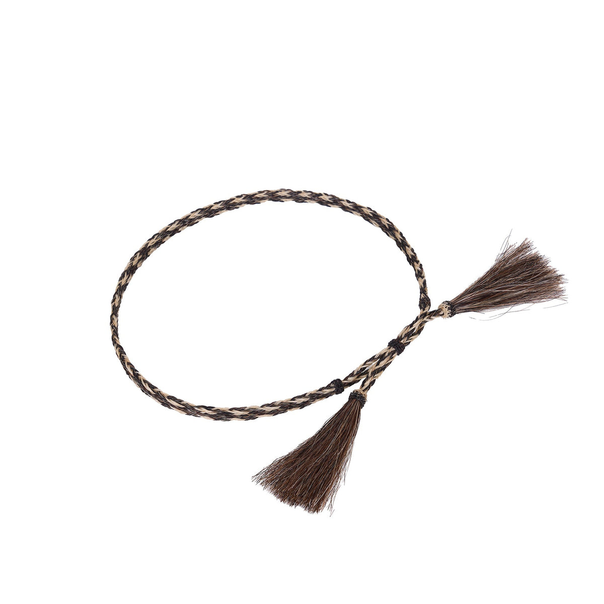 Wrangler Horsehair Hat Band. Braided hair tie with horsehair tassels on a white background