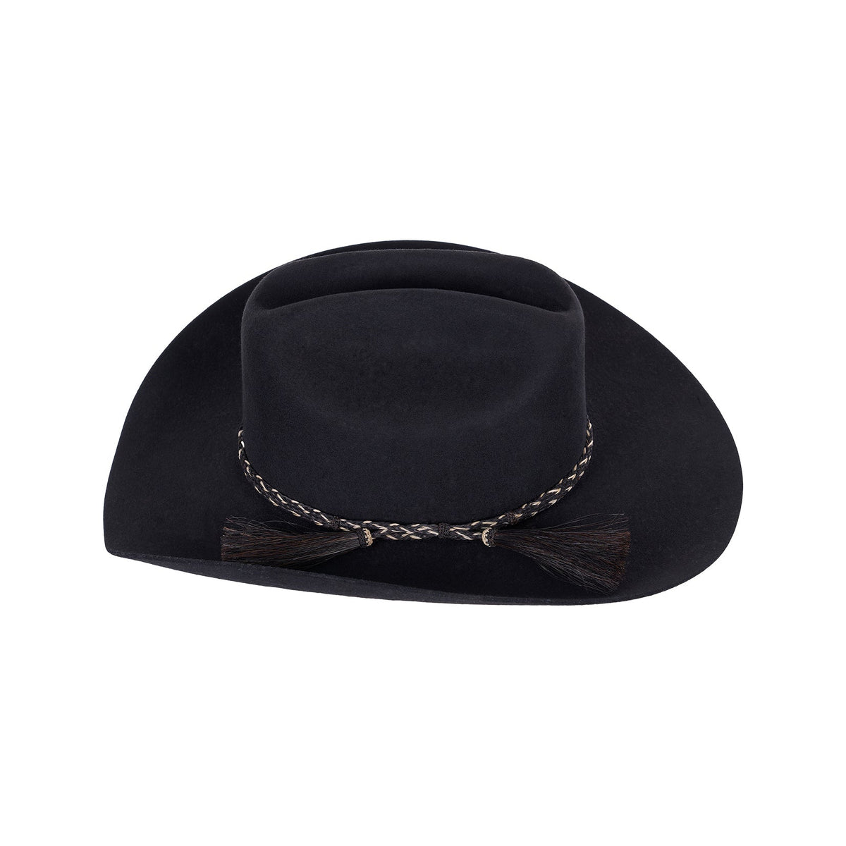 Wrangler Horsehair Hat Band. Black cowboy hat with a braided band on a white background