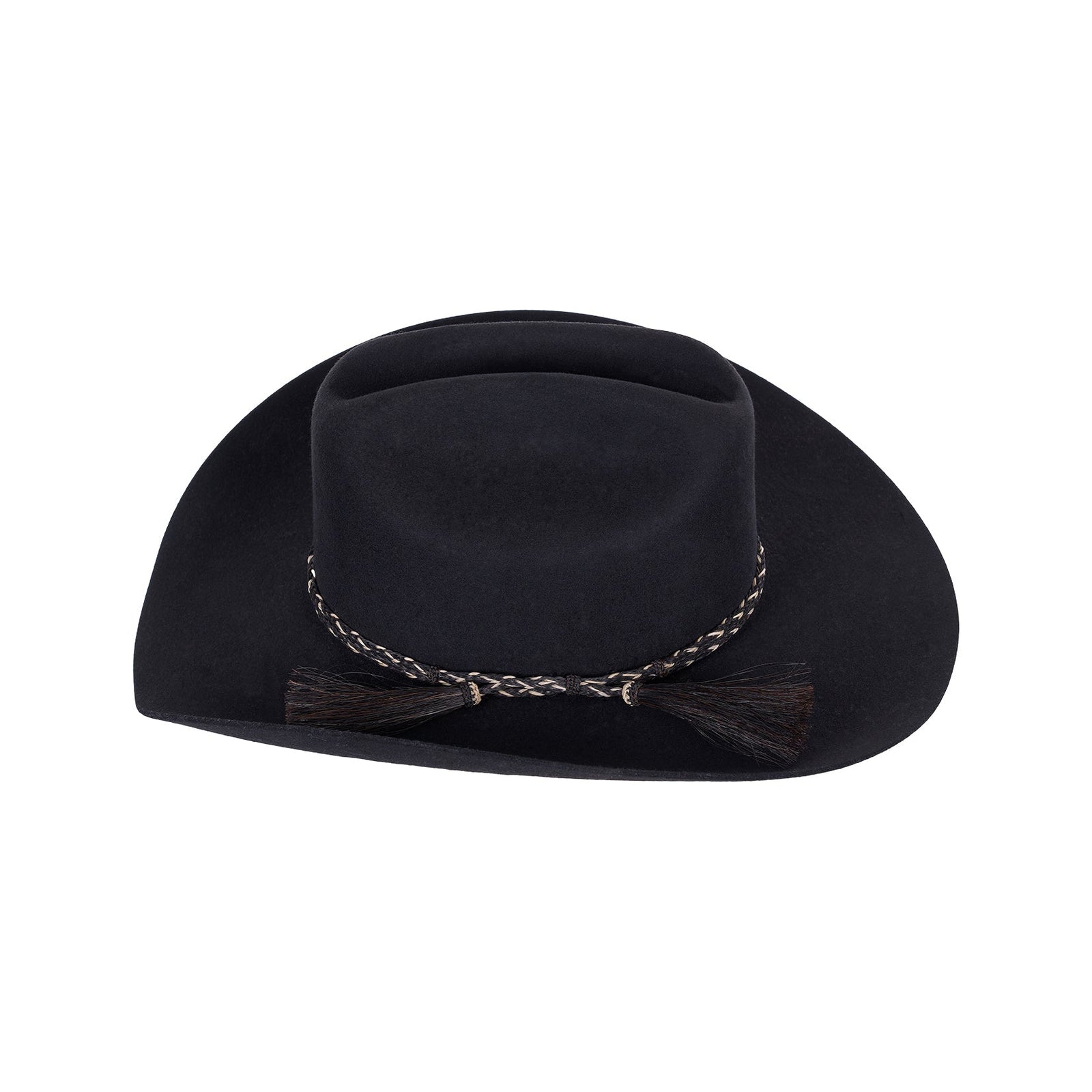 Wrangler Horsehair Hat Band. Black braided hair tie with tassels on a white background