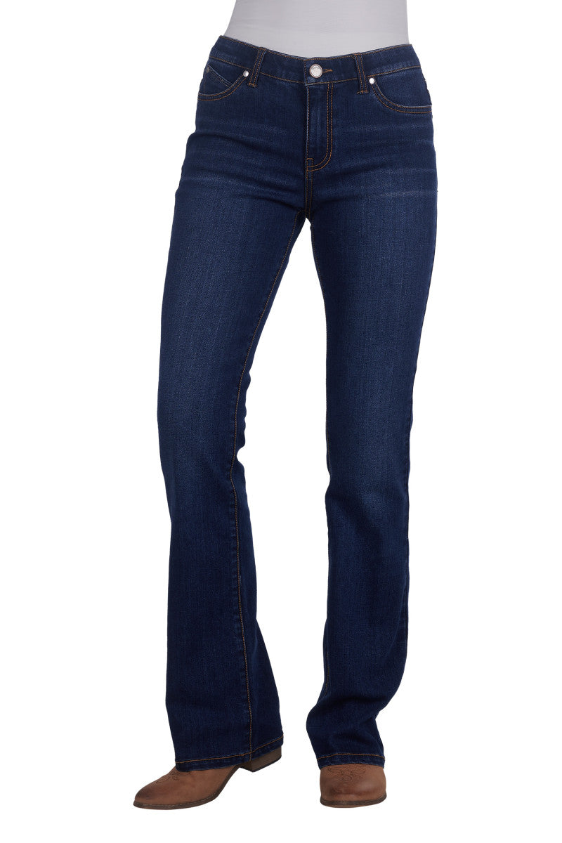 A rear view of a woman wearing Wrangler Women's Tilly Q Baby Booty Jeans, displaying the boot cut and the 'W' logo on the back pocket.