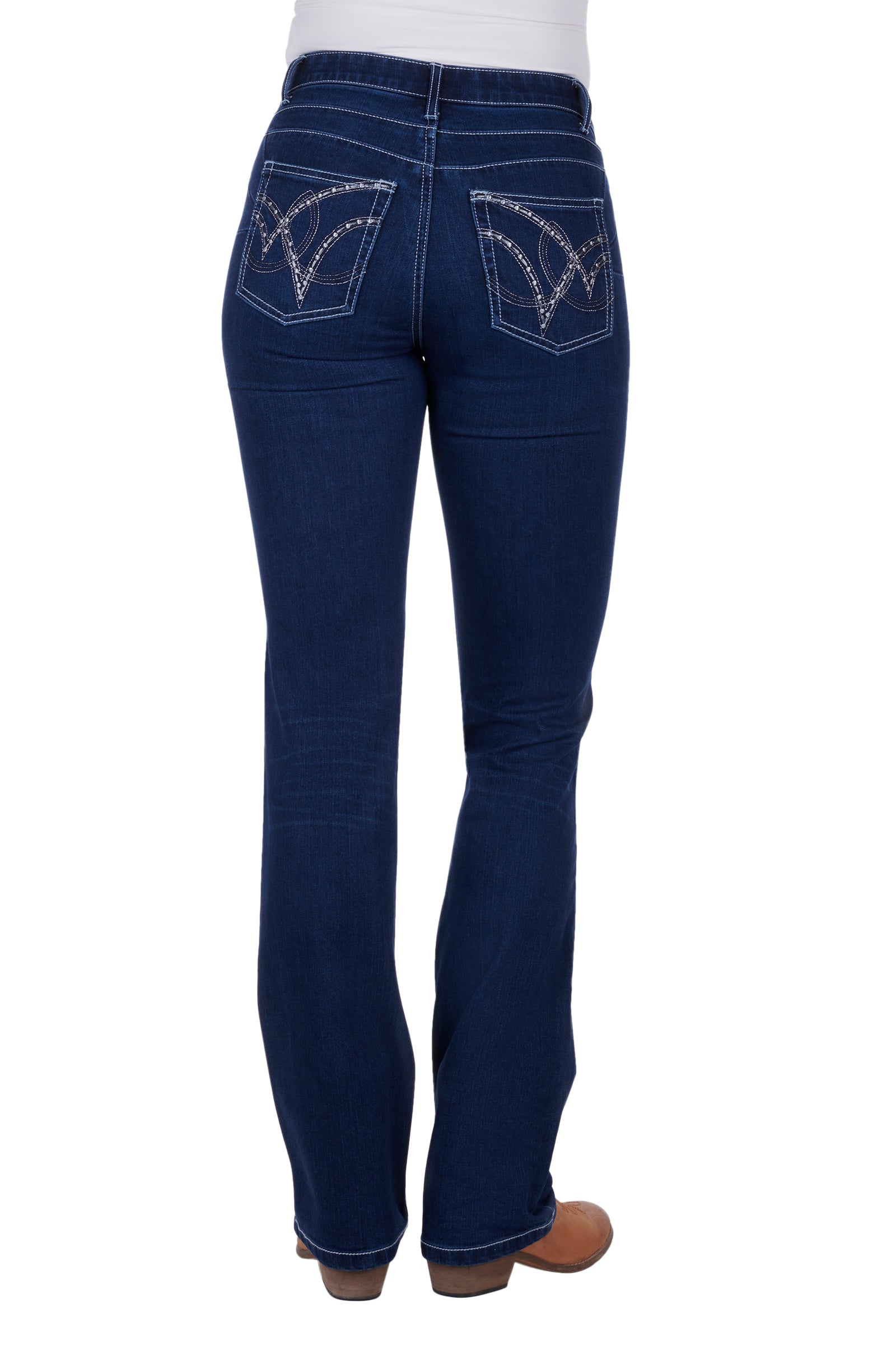 Wrangler Women's Q-Baby Booty Up Ultimate Riding Jean. Blue jeans on a white background