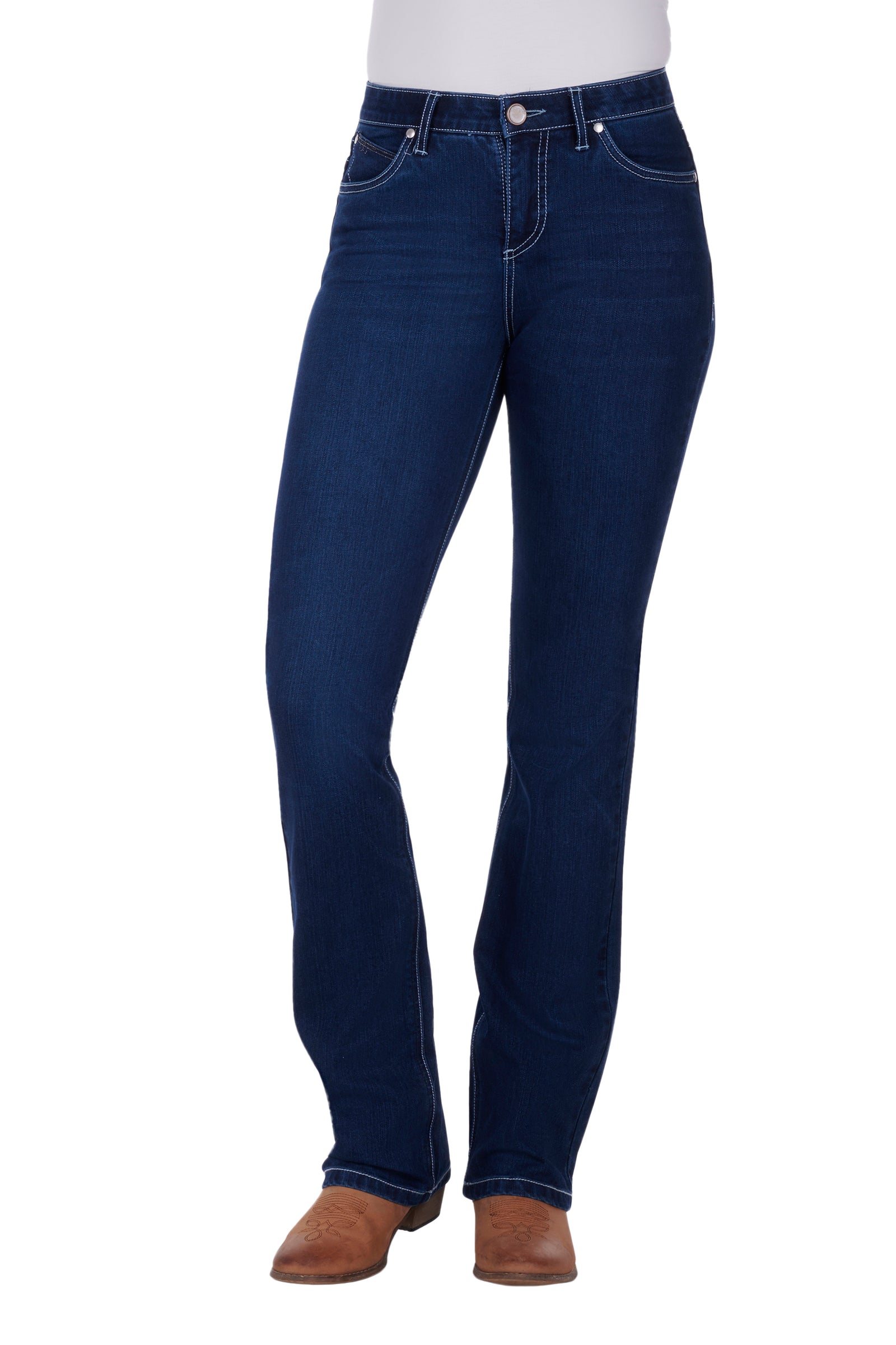 Wrangler Women's Q-Baby Booty Up Ultimate Riding Jean. Dark blue jeans worn by a person on a white background