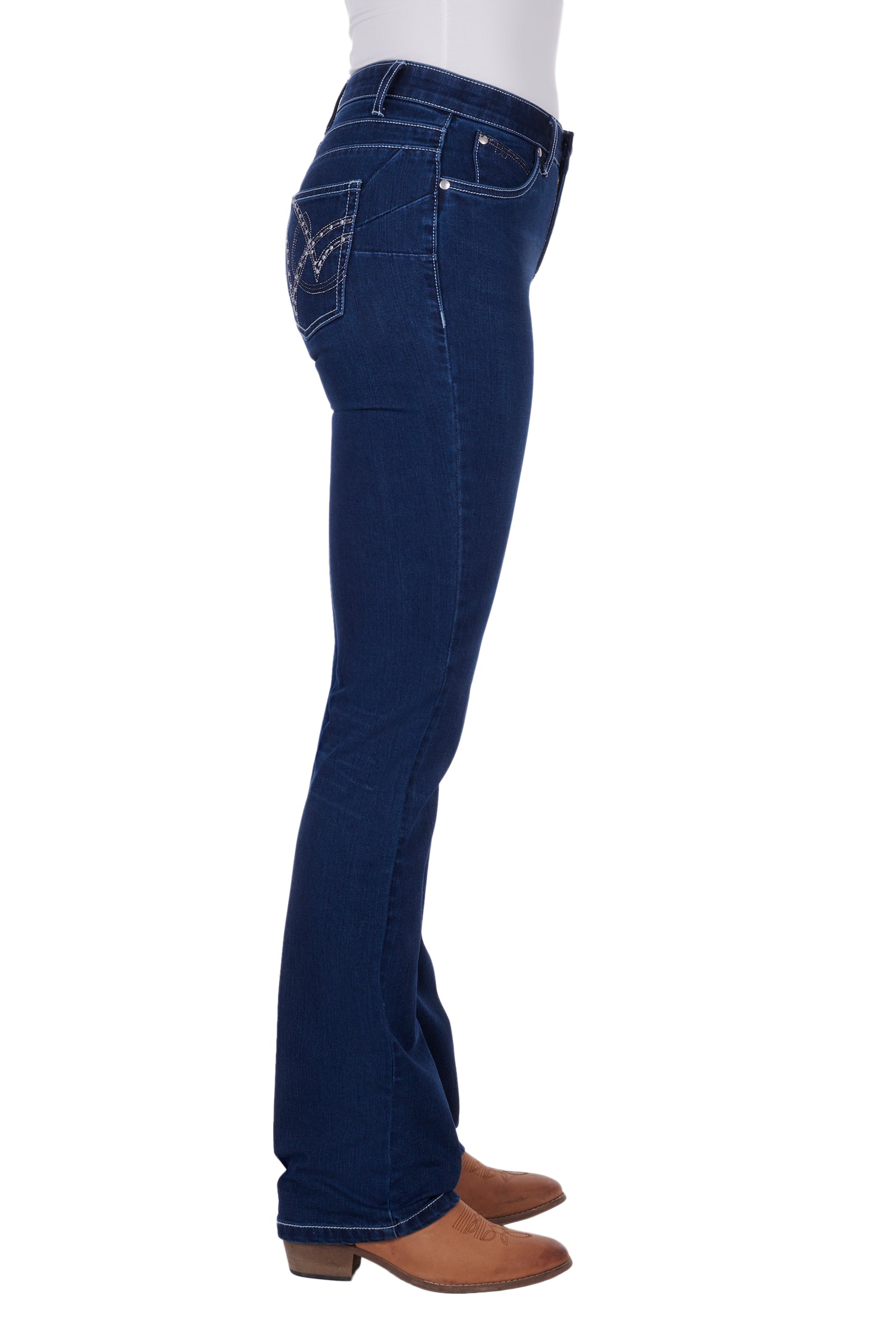 Wrangler Women's Q-Baby Booty Up Ultimate Riding Jean. Blue jeans on a white background