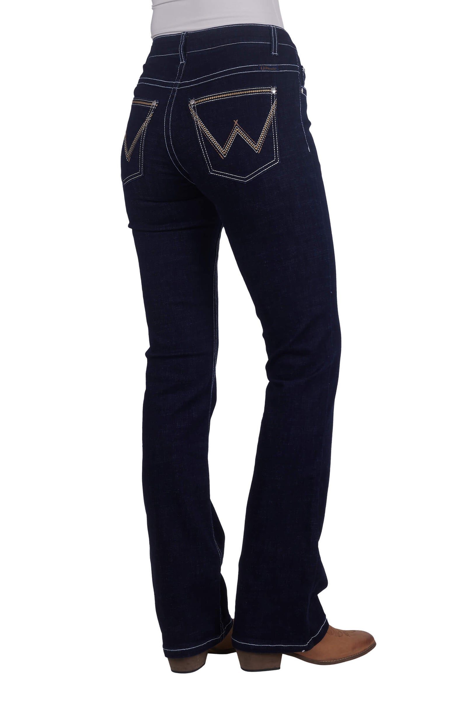 Wrangler Women's Amber Willow Jeans. A rear view of a woman wearing Wrangler Women's Amber Willow Jeans, showing the boot cut and mid-rise waist.