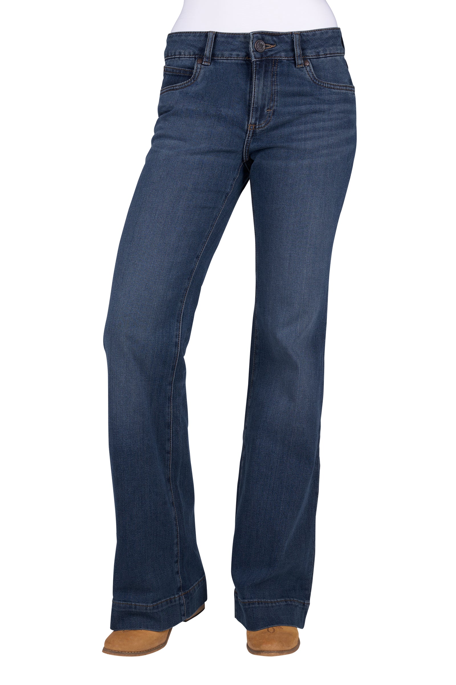 A pair of Wrangler Women's Mae Blair Trousers in a blue denim color, featuring a mid-rise waist, two front scoop pockets, and a gradual opening down the leg.
