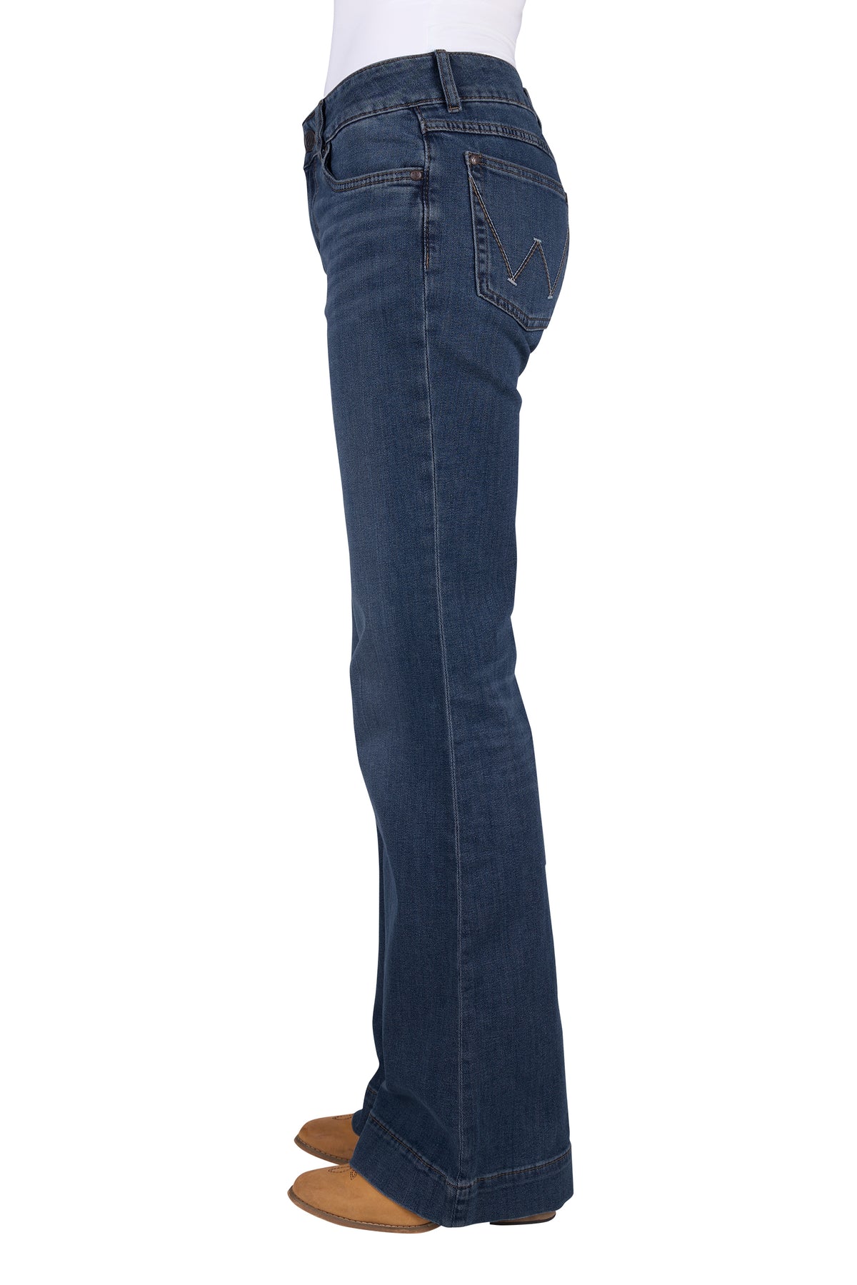 A pair of Wrangler Women's Mae Blair Trousers in a blue denim color, featuring a mid-rise waist, two front scoop pockets, and a gradual opening down the leg.