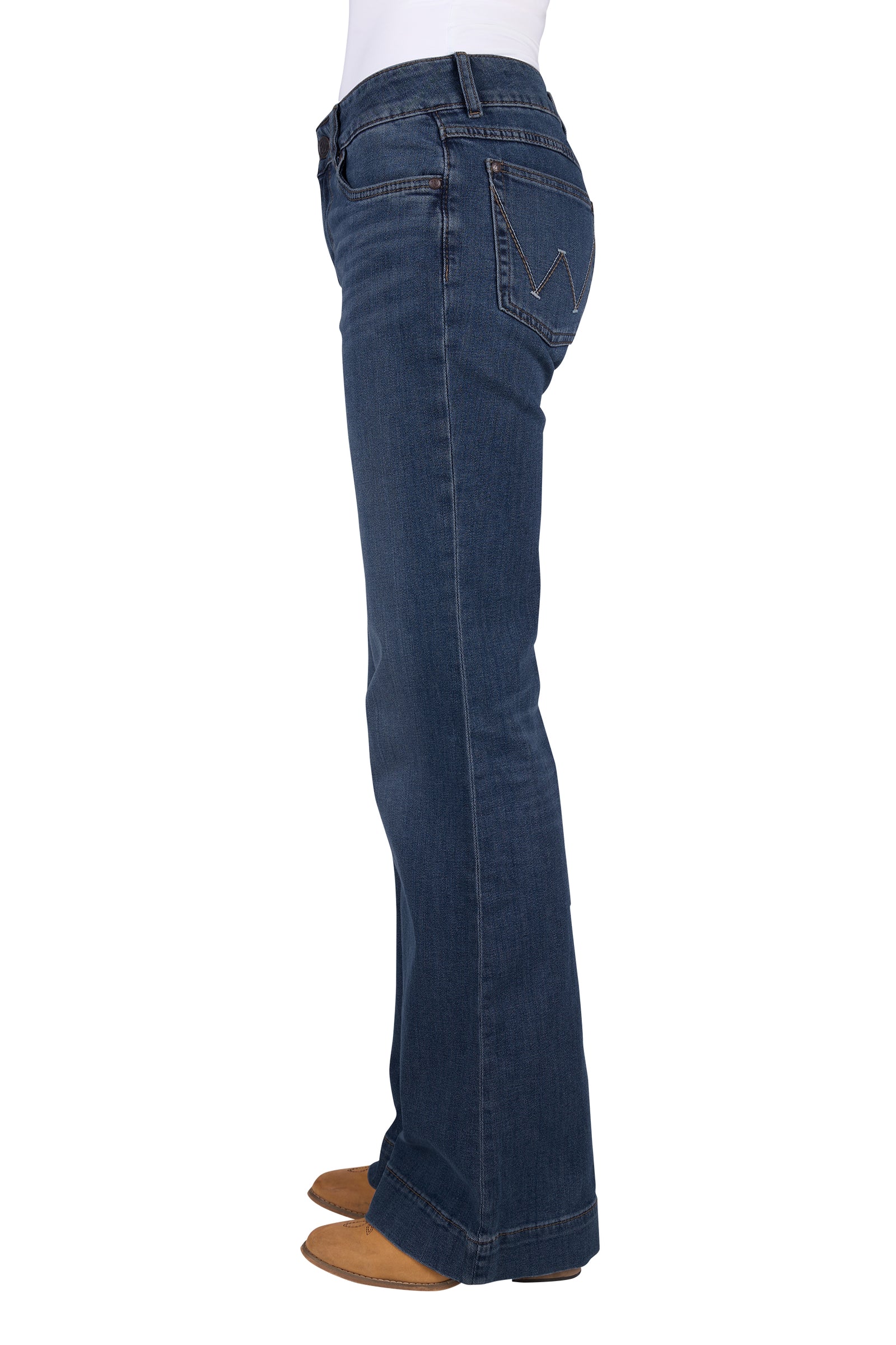 A pair of Wrangler Women's Mae Blair Trousers in a blue denim color, featuring a mid-rise waist, two front scoop pockets, and a gradual opening down the leg.