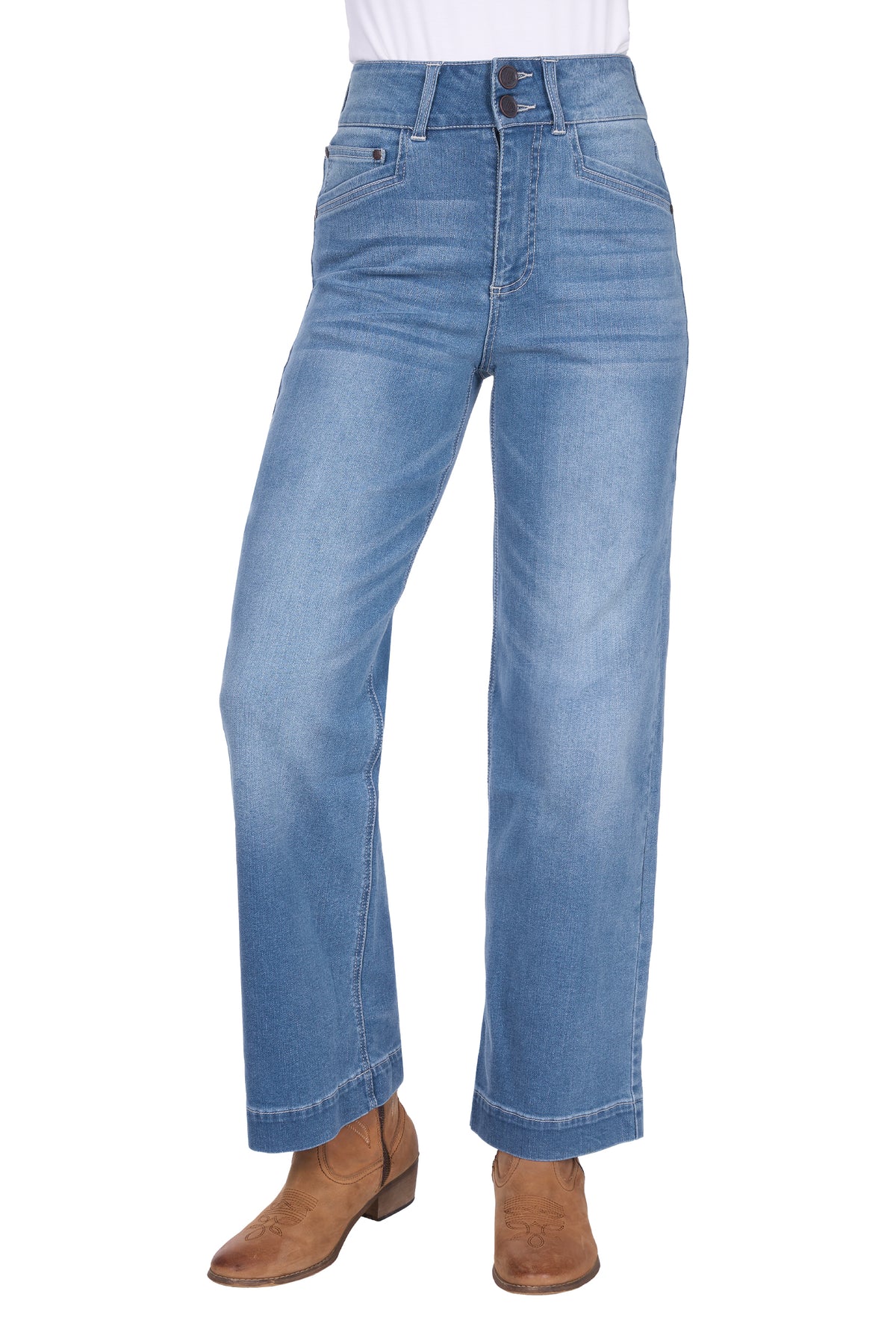 Light blue jeans worn with brown shoes on a white background