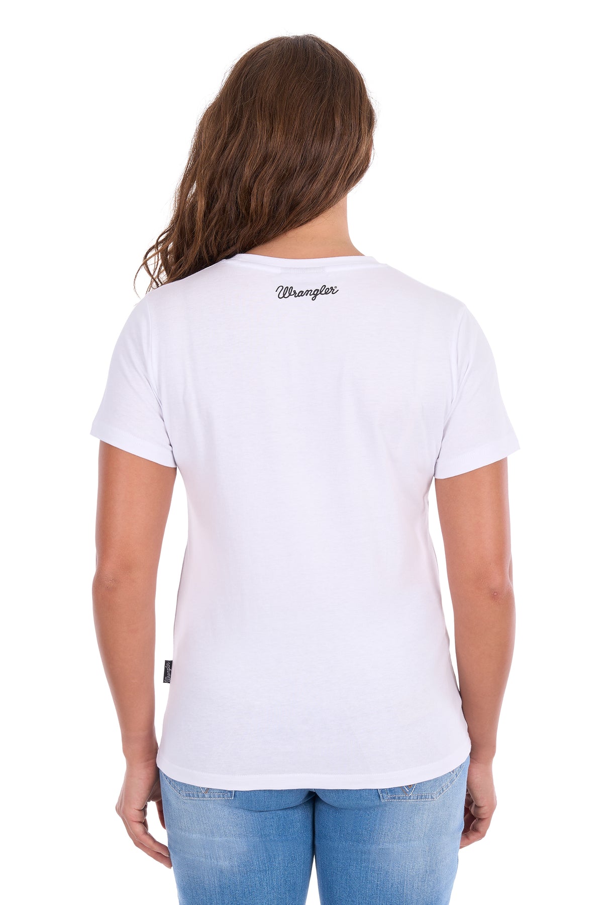 A woman viewed from the back wearing a white Wrangler short-sleeve t-shirt and blue jeans, set against a plain white background.