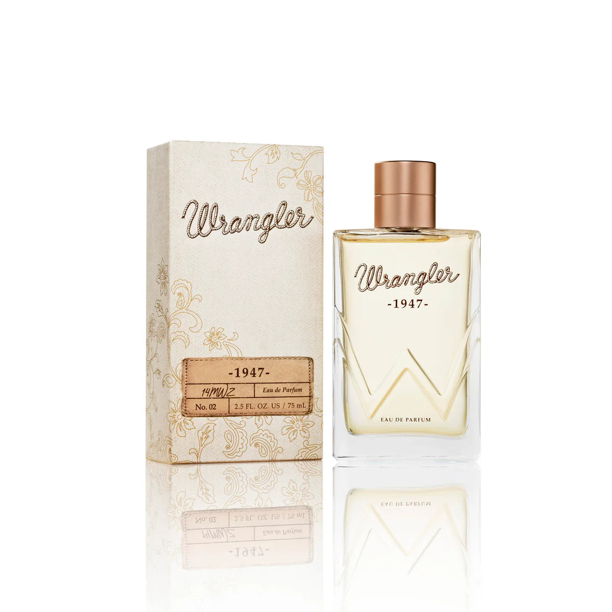 Wrangler Women's 1947 Eau De Parfum. Wrangler 1947 perfume bottle and packaging on a white background