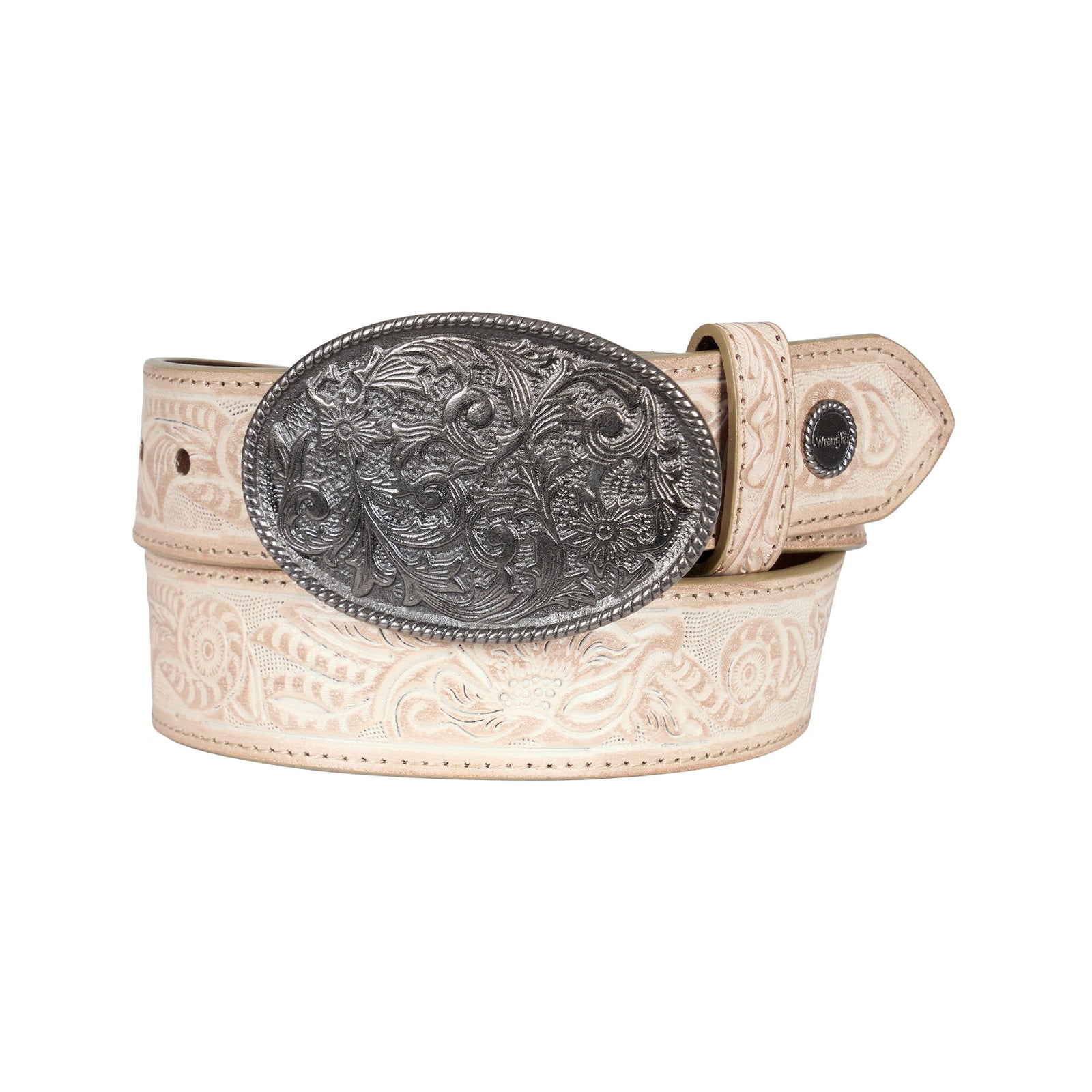 A western-style belt in light beige tooled leather with a large, ornate silver engraved buckle, shown coiled on a white background.