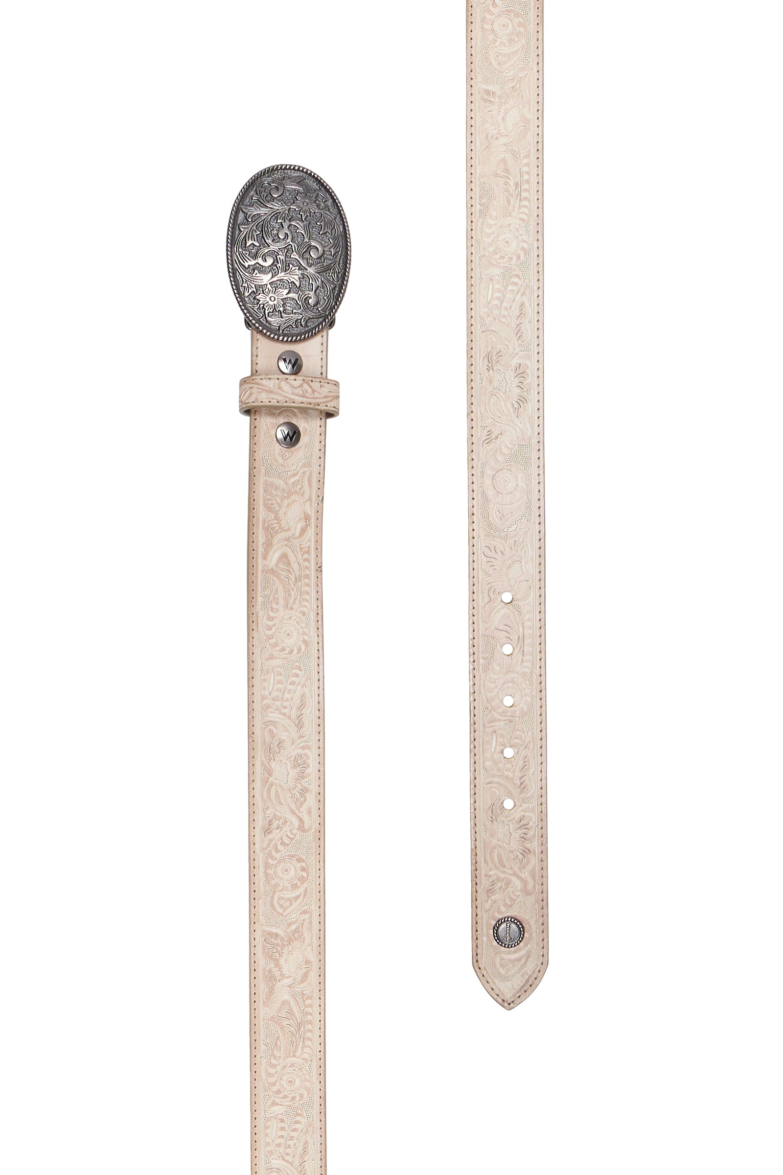 A western-style belt in light beige tooled leather with a large, ornate silver engraved buckle, shown coiled on a white background.