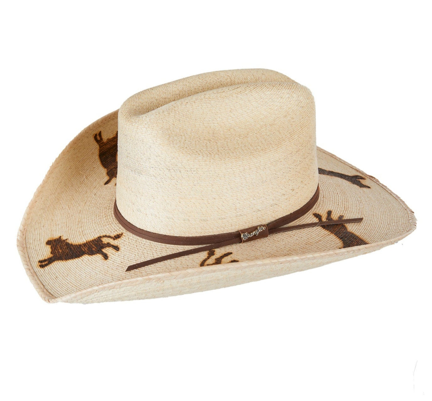 A beige straw Western hat for kids with animal patterns around the brim and a brown band.