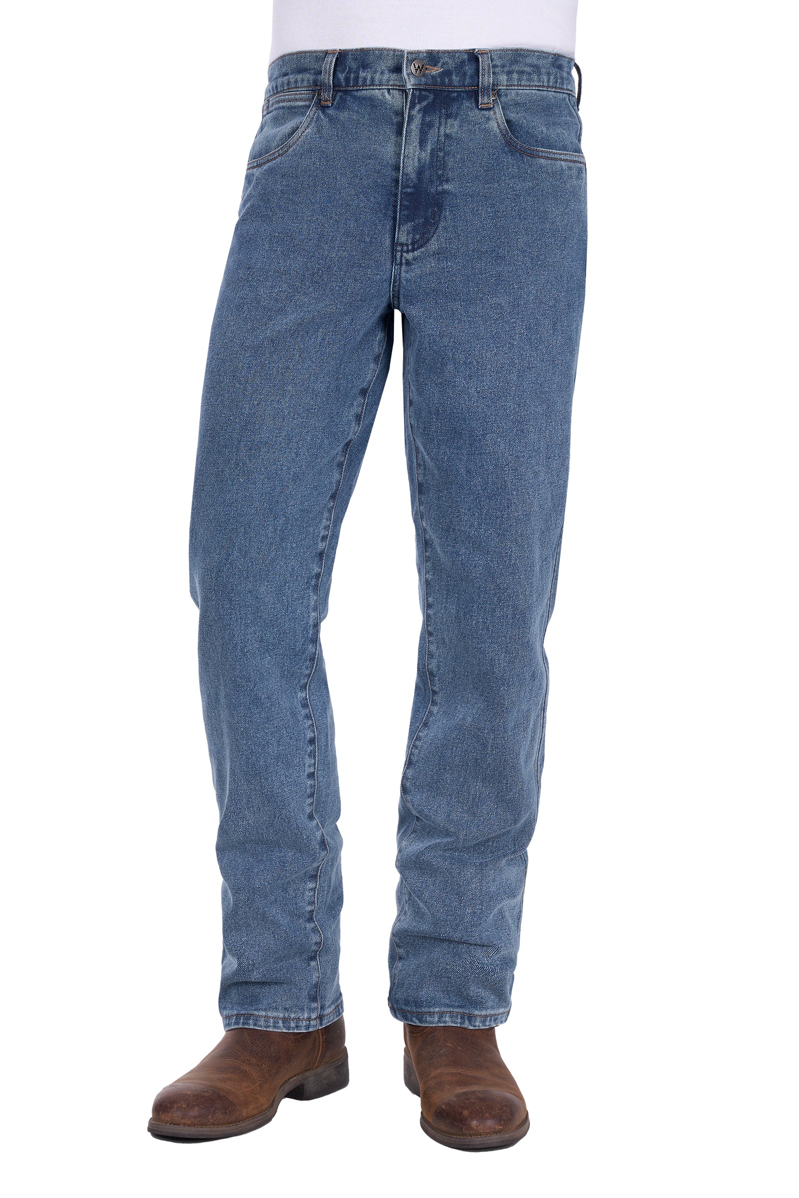 Blue jeans worn by a person on a white background