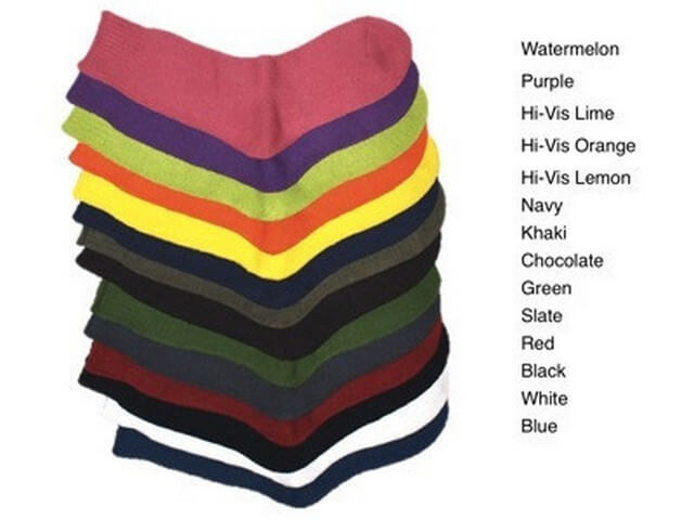 Bamboo Mens 14-18  Xthick Socks. A stack of men's bamboo socks in various solid colors including purple, pink, green, navy, chocolate, red, white, and blue.