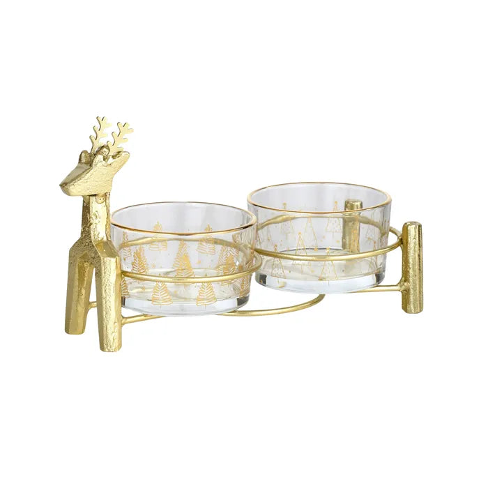 3 Piece Deer Tapas Glass Set. Gold deer-shaped holder with two glass bowls on a white background