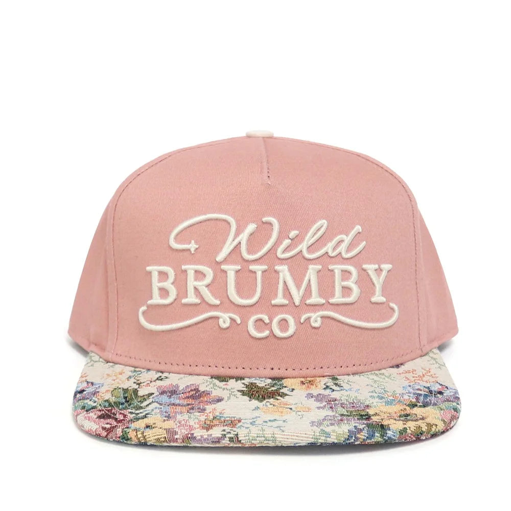 Pink cap with floral brim and 'Wild Brumby Co' text on a white background