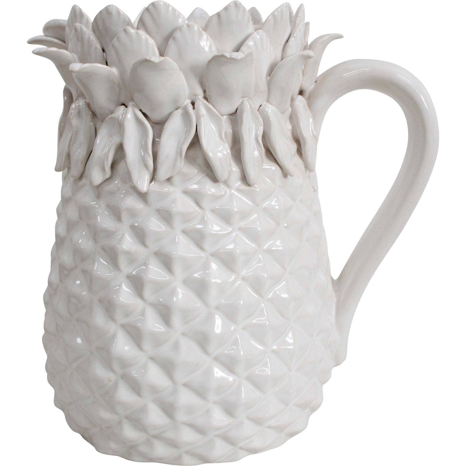 Pineapple Ivory Jug. White ceramic pitcher with floral design on a white background
