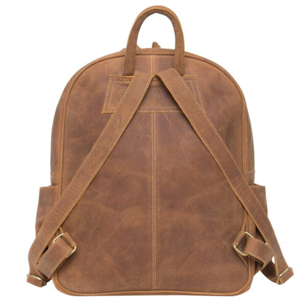 Brown leather backpack on a white background