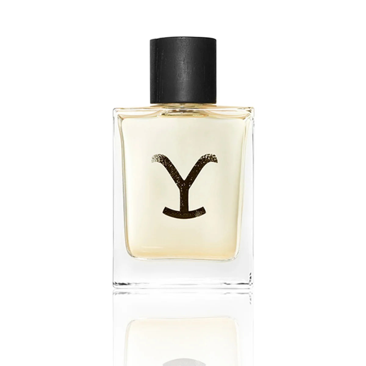 A rectangular glass perfume bottle filled with pale yellow liquid, featuring a black textured Y logo on the front and a matte black cap, set against a clean white background with a soft reflection below.