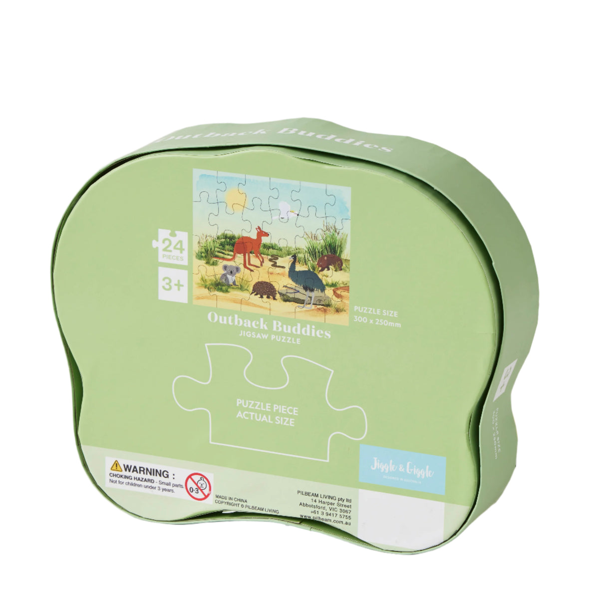 Jiggle & Giggle Outback Buddies Jigsaw 24 Piece Puzzle. Green puzzle box with 'Outback Buddies' puzzle on a white background