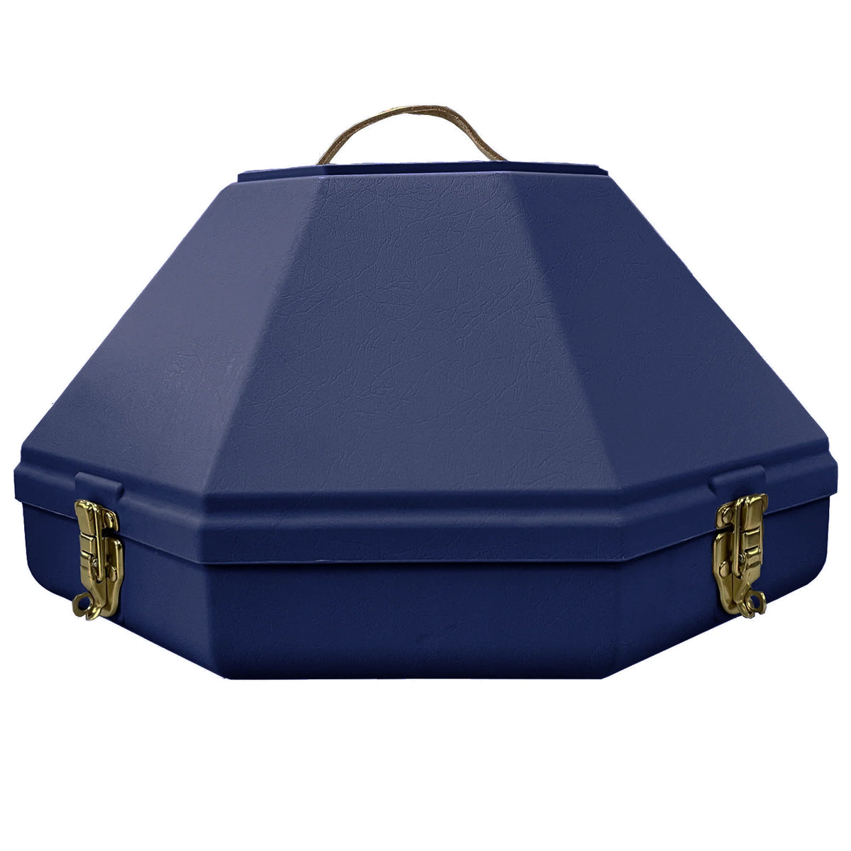 5" Hat Can. Blue case with gold clasps on a white background