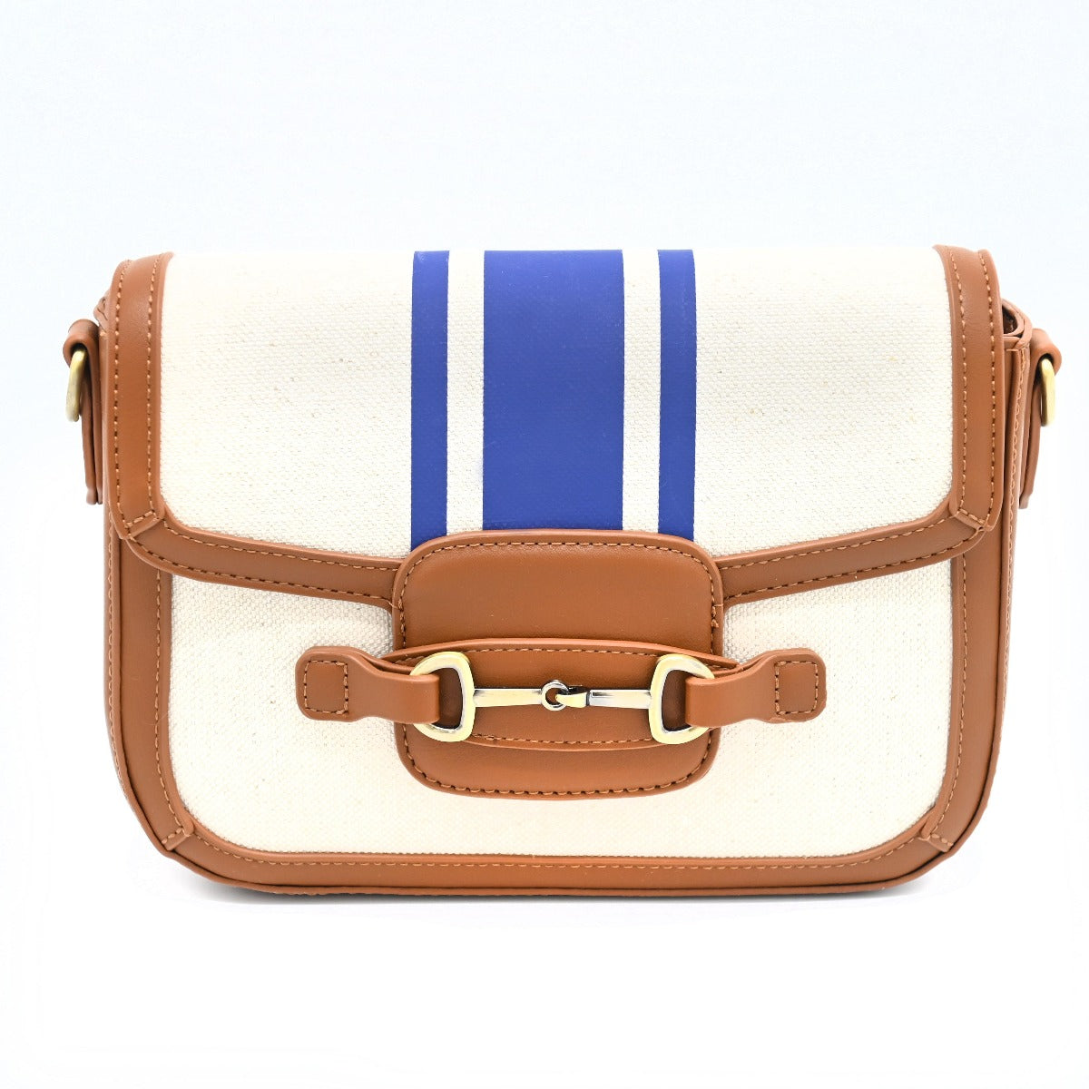 Bahamas Purse Clutch-Canvas. Canvas bag with blue stripes and brown leather accents on a white background