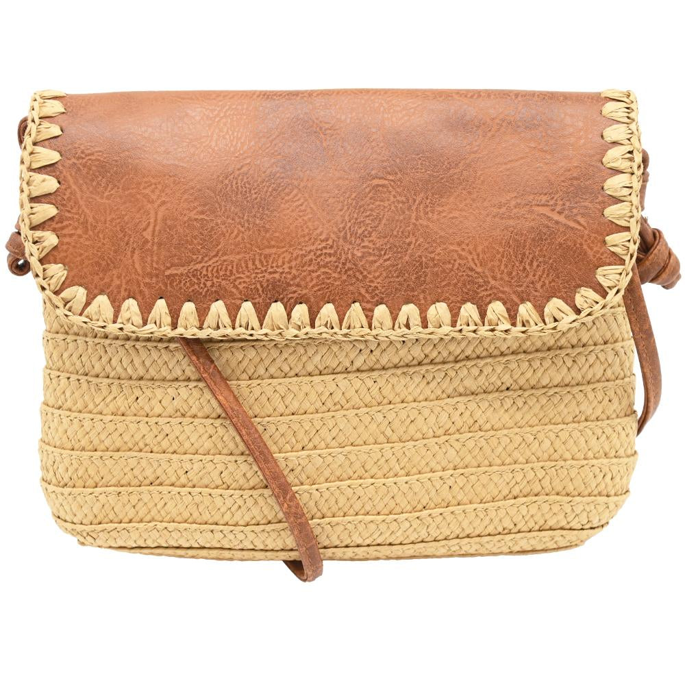 A rectangular shoulder bag with a brown leather flap and a natural beige woven straw body, featuring a decorative braided trim along the edge of the flap and a thin brown leather strap.