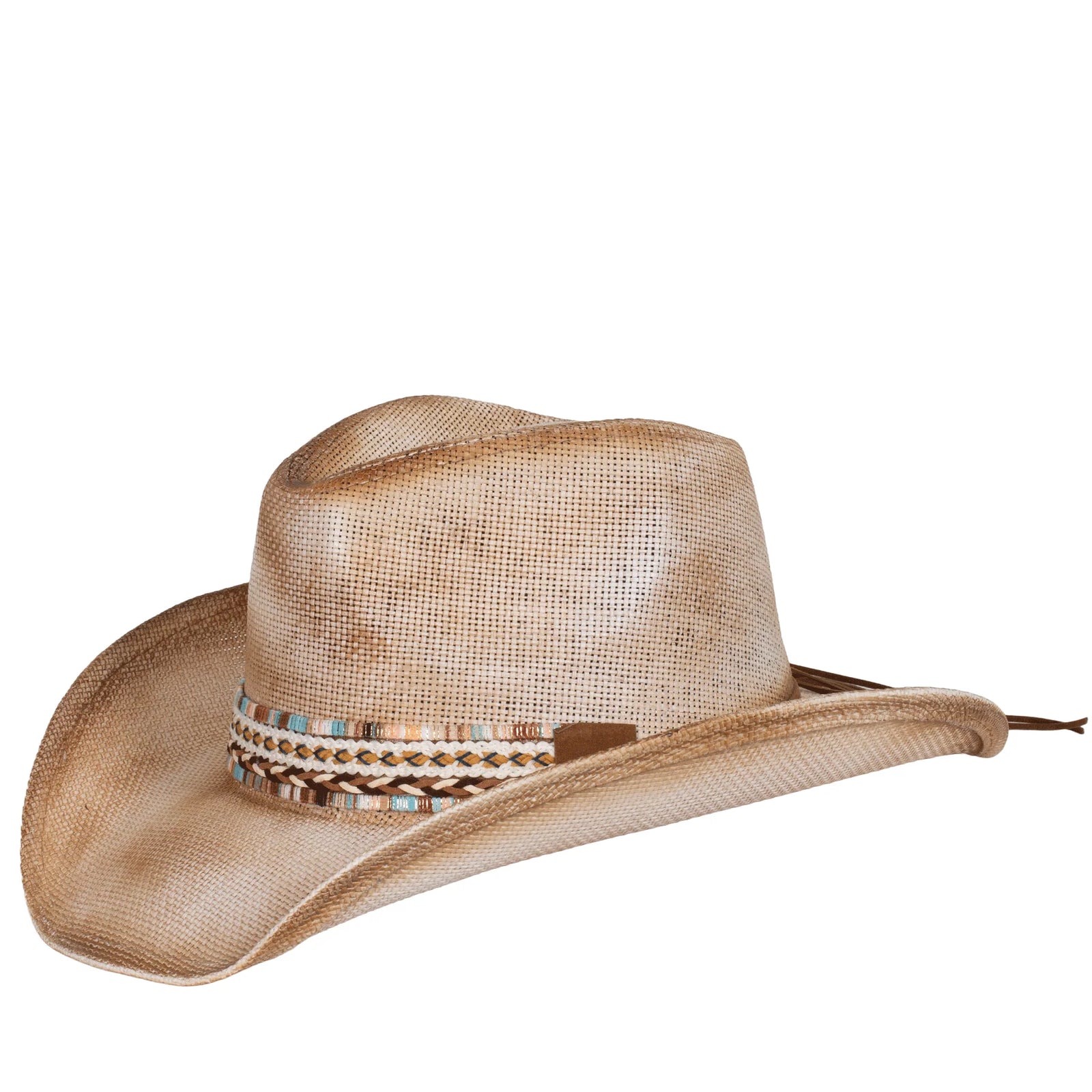 Brown straw cowboy hat with a decorative band on a white background