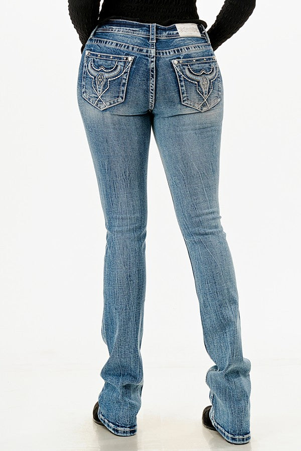 Grace in LA jean is a girl's bootcut style with distinctive geo print embroidery on the back pockets.