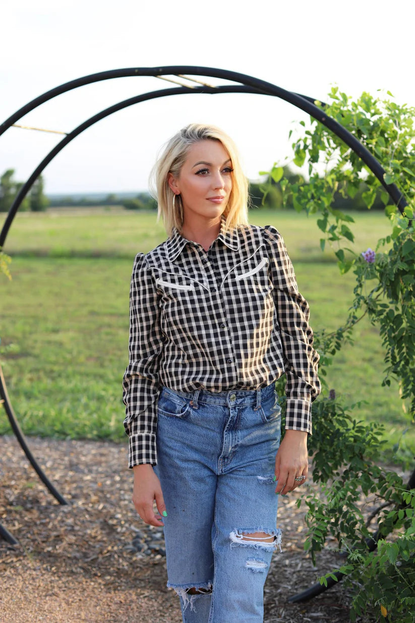 Howdy Hanny Women's Black Gingham Long Sleeve Western Shirt