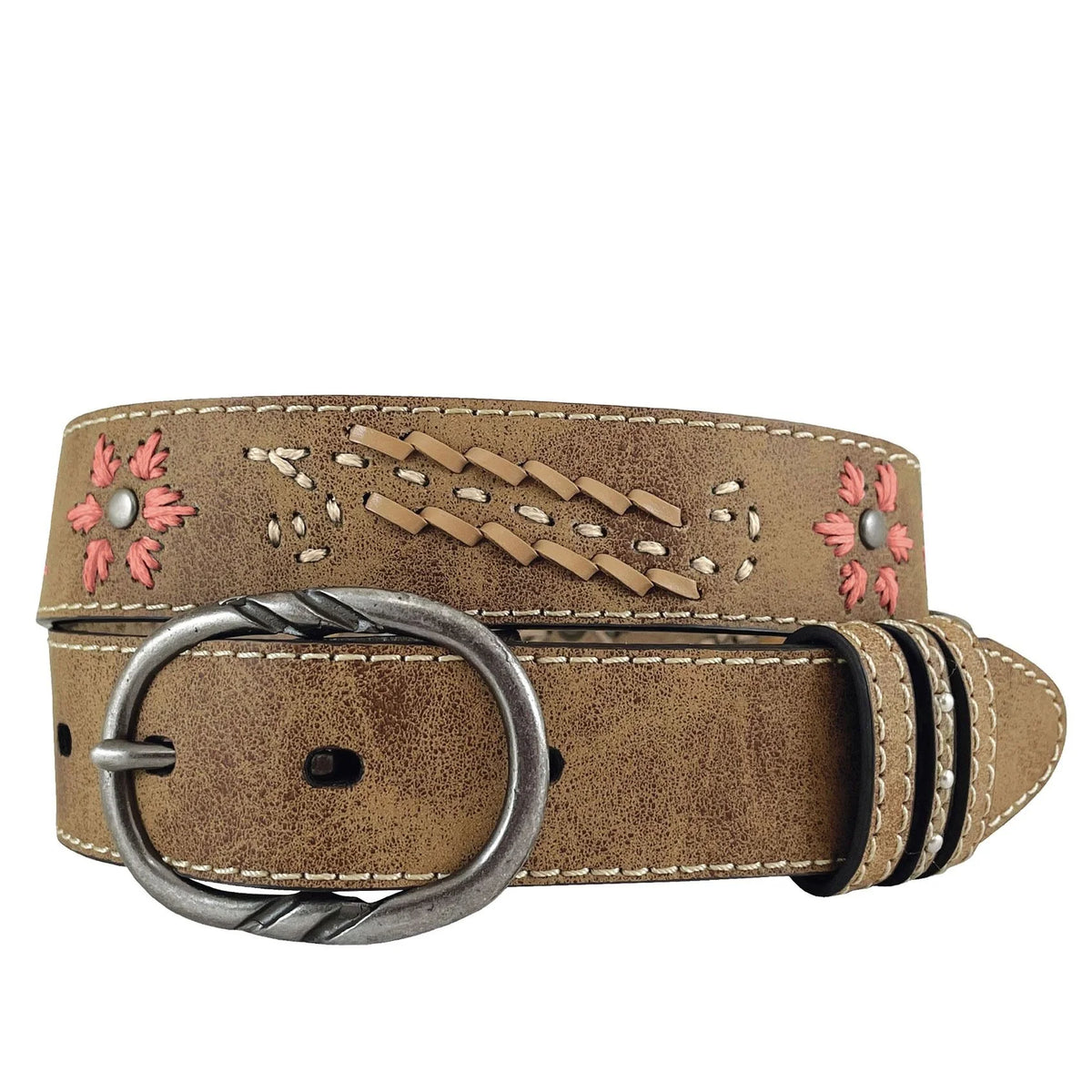 Brown leather belt with floral designs and silver buckle on a white background