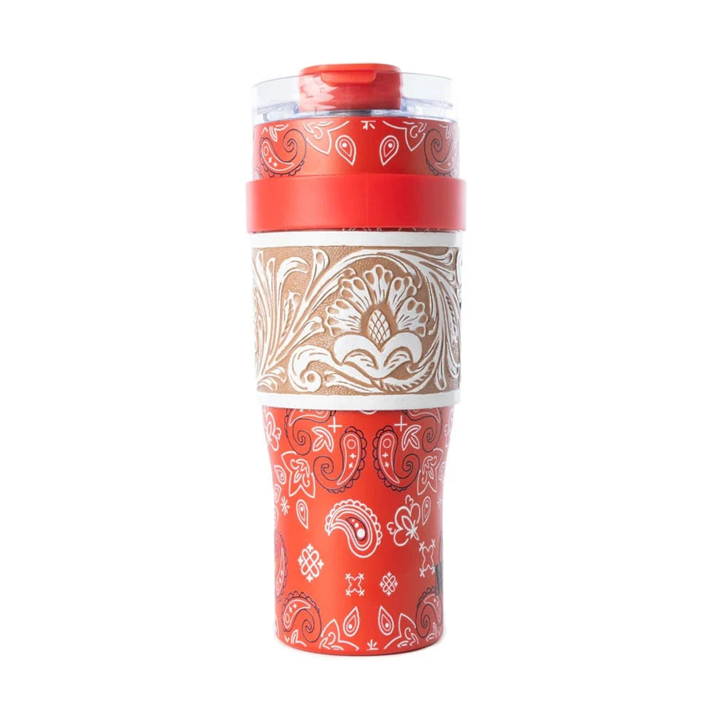 Bandana Tooled Western Tumbler in Red Stainless Steel with Handtooled Leather Myra Bags