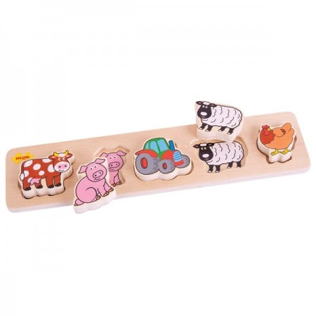 Bigjigs Toys Chunky Lift and Match Puzzle - Farm. Wooden puzzle with farm animal figures on a white background