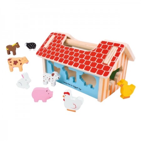 Bigjigs Toys Farmhouse Sorter. Wooden farm toy with animal figures on a white background