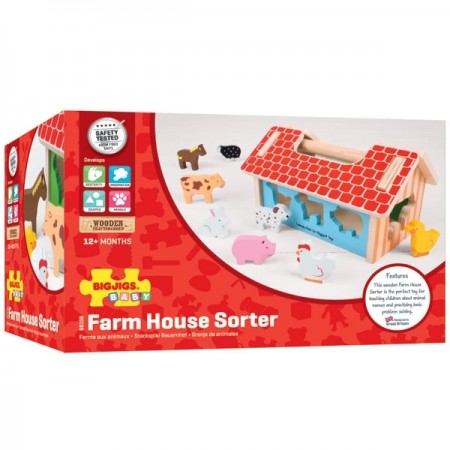 Bigjigs Toys Farmhouse Sorter.  Box of BigJigs Toys Farm House Sorter toy on a white background