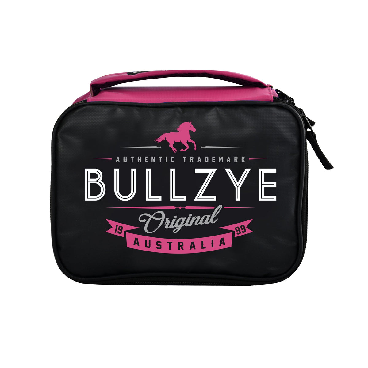 Bullzye Mali Lunch Box. Black and pink bag with &#39;Bullzye&#39; branding on a white background