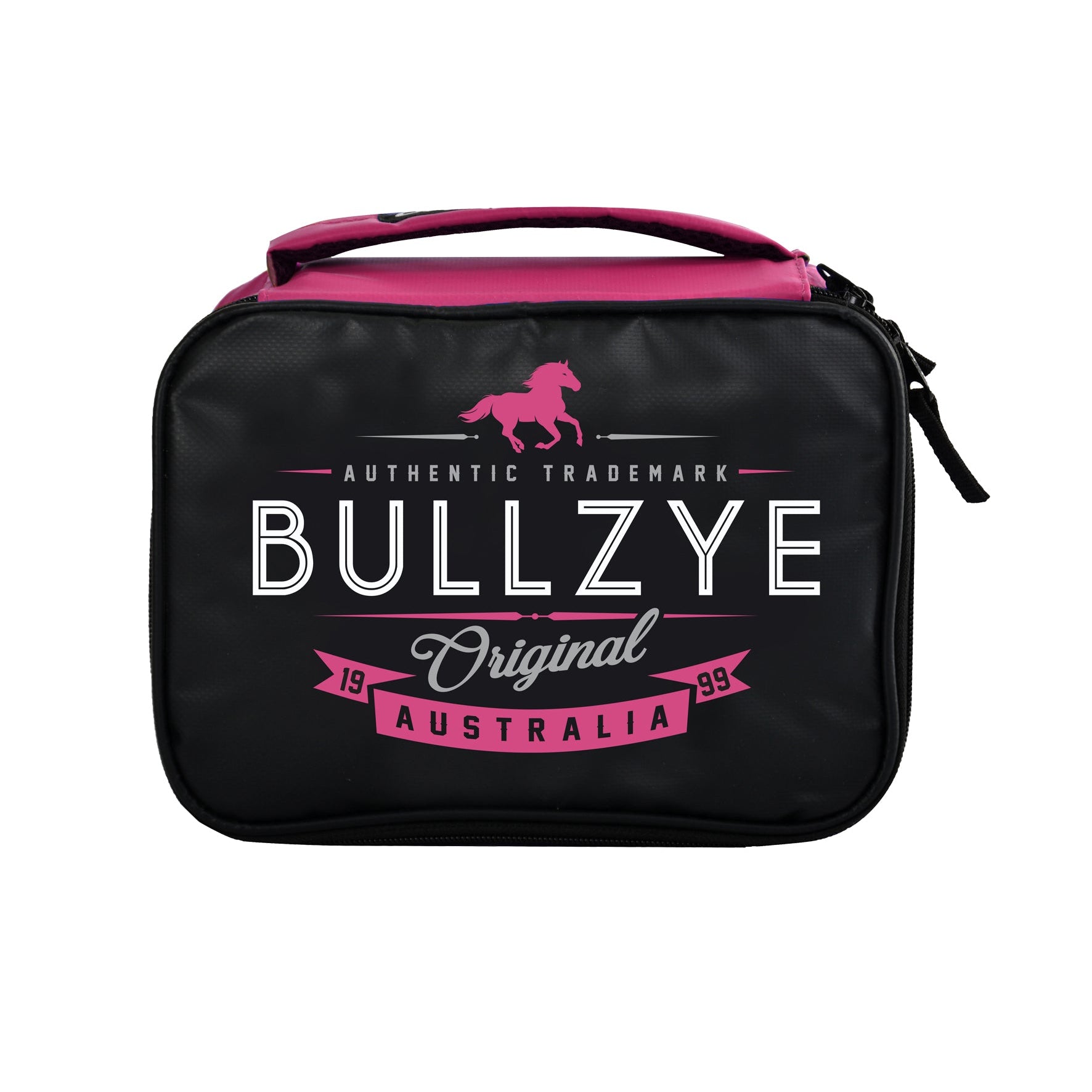 Bullzye Mali Lunch Box. Black and pink bag with 'Bullzye' branding on a white background