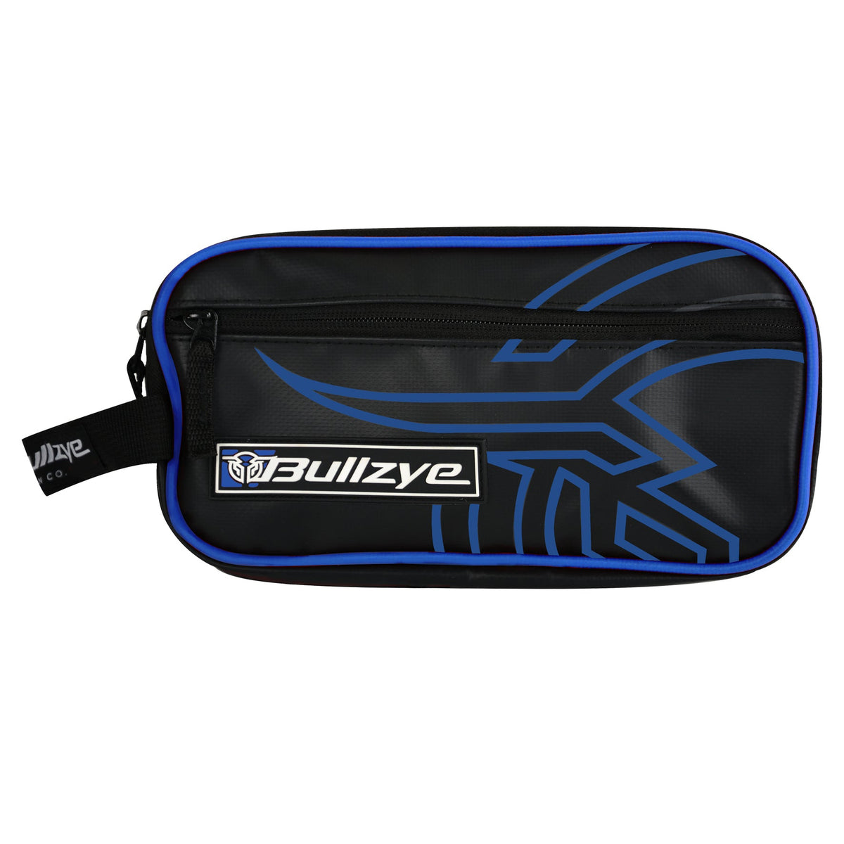 Bullzye Turbine Toiletry Bag. Black and blue pouch with Bullzye logo on a white background