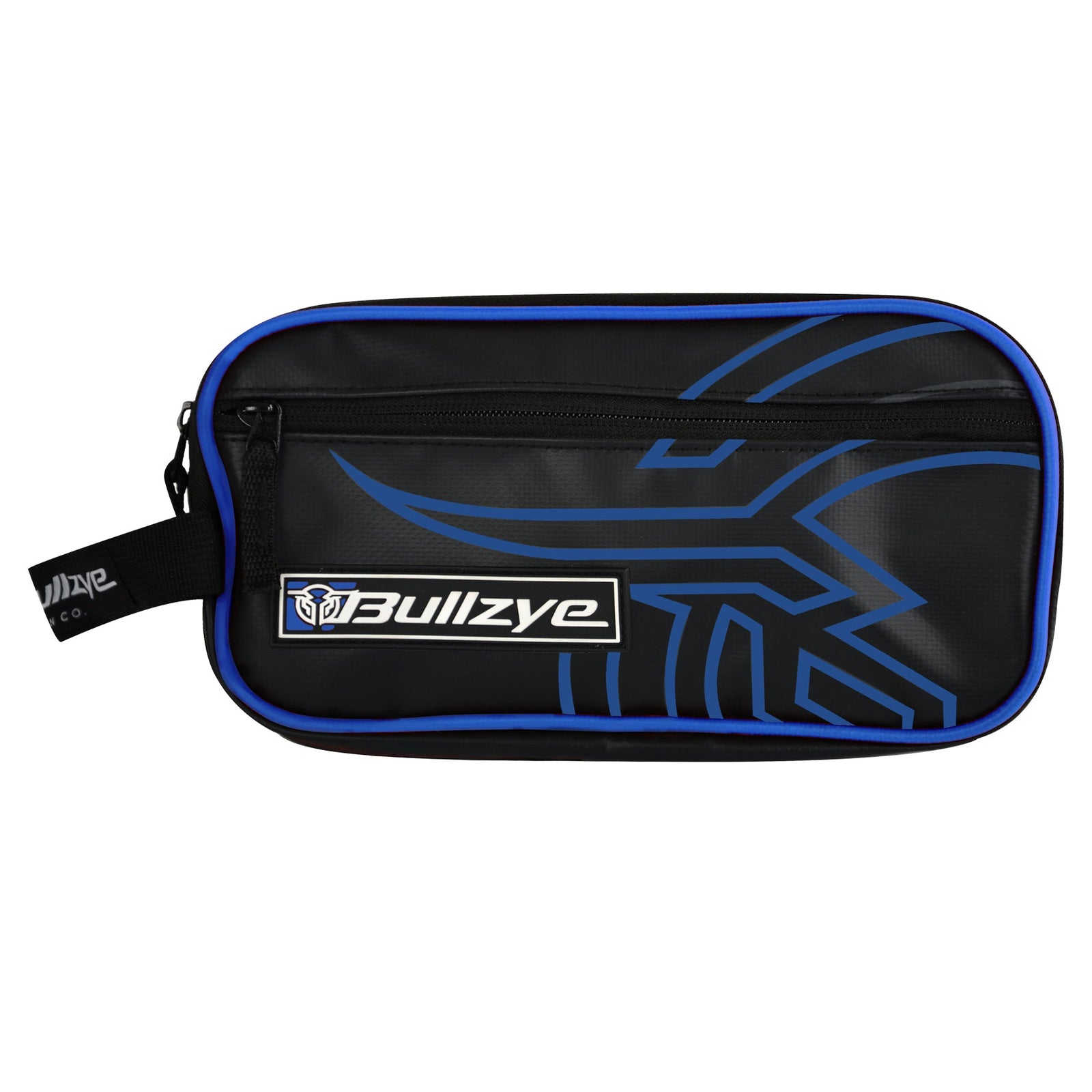 Bullzye Turbine Toiletry Bag. Black and blue pouch with Bullzye logo on a white background