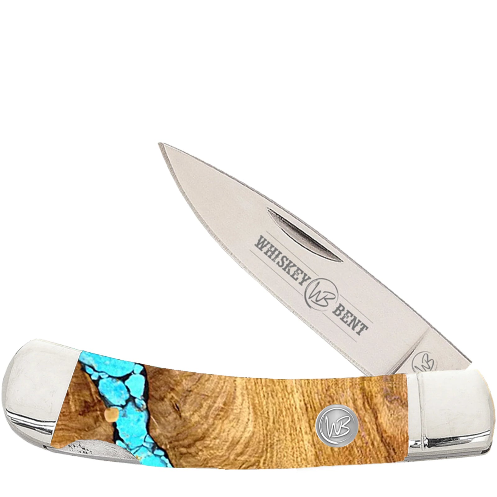 Pocket knife with wooden handle and turquoise inlay on a white background